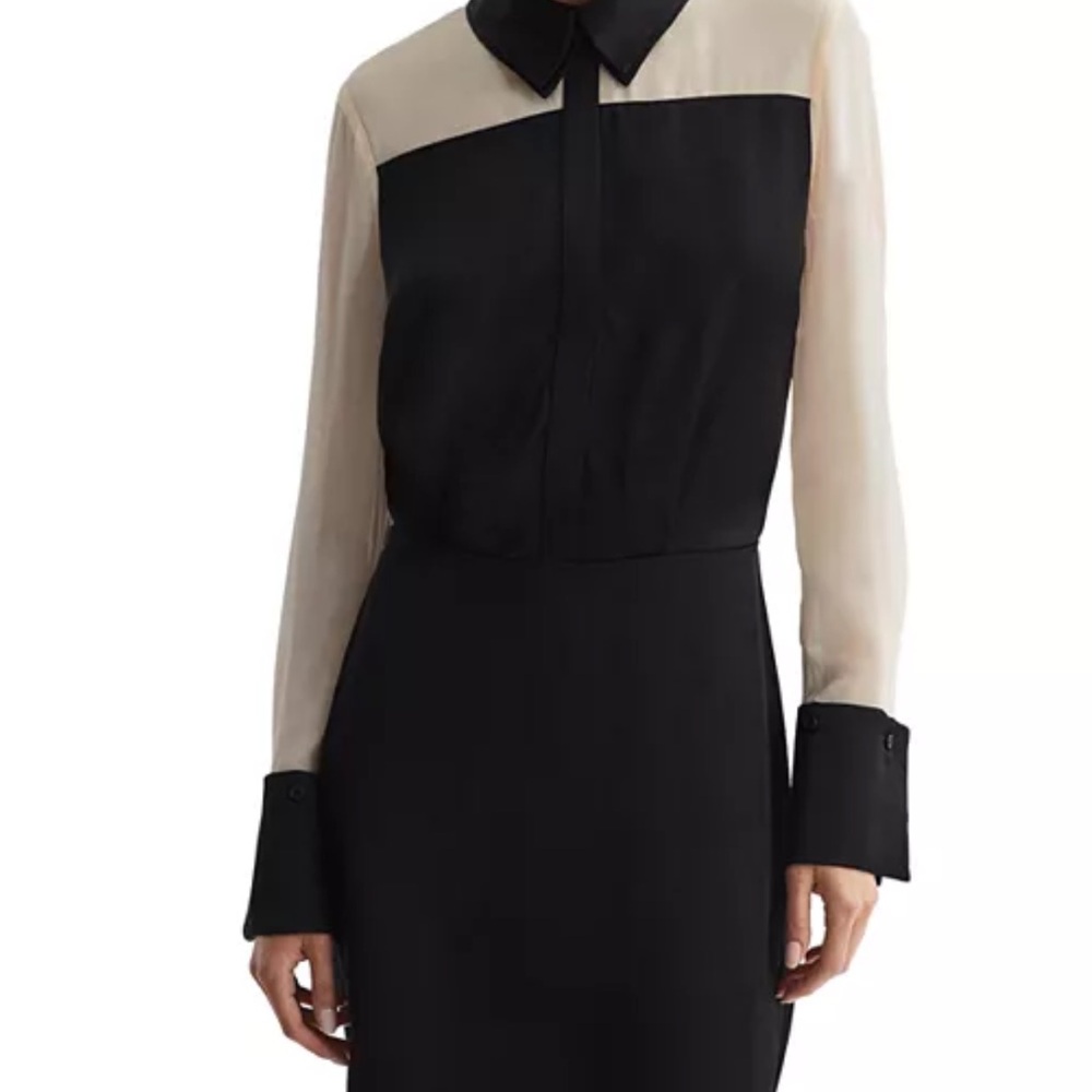 Reiss Veneto Color Block Midi Satin Sheer Long Sleeve Shirt Dress size 6 - Picture 2 of 11